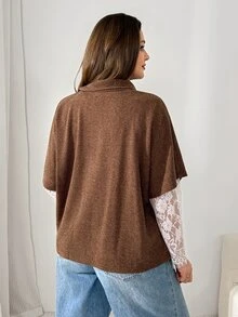 SHEIN Essnce Plus Size Women's Solid Color High Neck Short Sleeve Casual Versatile T-Shirt - Brown - View 5
