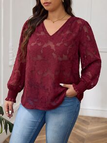 Lounesse Elegant Solid-Color Sheer Lantern-Sleeve Blouse For Women-Perfect For Work Or Parties, Featuring A Festive Christmas Red Hue. - Red - View 3