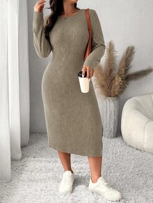 SHEIN Frenchy 大尺碼女款純色休閒寬鬆簡約日常穿著早午餐正式生日洋裝秋季外出辦公工作橄欖綠 - 卡其色 - 查看 6