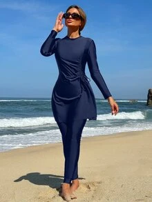 Swim Mulvari 2pcs/Set Women Summer Beach Solid Color Drawstring Camis Top And Pants Burkini Swimsuit Arabic Clothing - Navy Blue - View 7