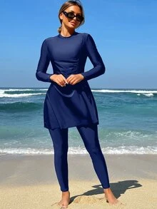 Swim Mulvari 2pcs/Set Women Summer Beach Solid Color Drawstring Camis Top And Pants Burkini Swimsuit Arabic Clothing - Navy Blue - View 5