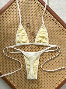 Swim Vcay Women's Summer Beach Solid Color Halter Tie Sexy Bikini Top And Triangle Bottom Two-Piece Swimwear Set - Beige - View 2