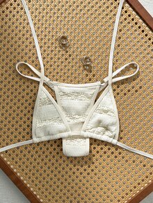 Swim Vcay Women's Summer Beach Solid Color Halter Tie Sexy Bikini Top And Triangle Bottom Two-Piece Swimwear Set - Beige - View 3