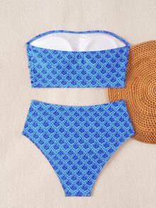 SHEIN Swim 女款素色平口比基尼套裝，雙側抓皺設計，海灘夏季穿搭 - 紅色 - 查看 4