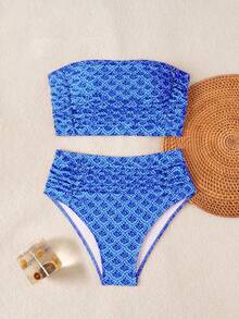 SHEIN Swim 女款素色平口比基尼套裝，雙側抓皺設計，海灘夏季穿搭 - 紅色 - 查看 2