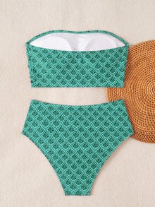 Swim Lushoire Women's Solid Color Bandeau Bikini Set With Double Side Ruched Details, Beach Summer Outfit - Green - View 4