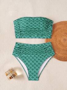 Swim Lushoire Women's Solid Color Bandeau Bikini Set With Double Side Ruched Details, Beach Summer Outfit - Green - View 2