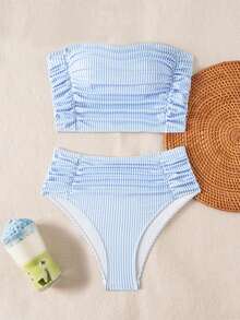 SHEIN Swim 女款純色抹胸比基尼套裝，雙面抓皺設計，海灘夏季穿搭 - 彩色 - 查看 3