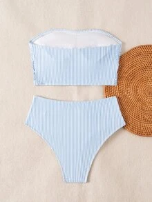 SHEIN Swim 女款純色抹胸比基尼套裝，雙面抓皺設計，海灘夏季穿搭 - 彩色 - 查看 2