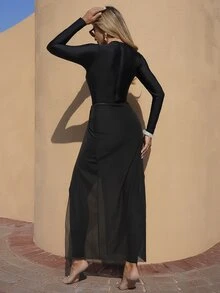 SHEIN Swim 女士新款纯色圆领长袖修身连体泳衣和修身长裤沙滩裙套装 - 黑色 - 查看 2