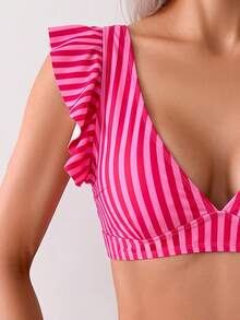 Swim Mod Setelan 2 Potong Motif Garis-garis Kasual Liburan Pantai Musim Semi/Panas, Kerah V dengan Manset Renda, Pakaian Musim Panas yang Manis - MultiWarna - View 4