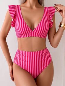 Swim Mod Setelan 2 Potong Motif Garis-garis Kasual Liburan Pantai Musim Semi/Panas, Kerah V dengan Manset Renda, Pakaian Musim Panas yang Manis - MultiWarna - View 5
