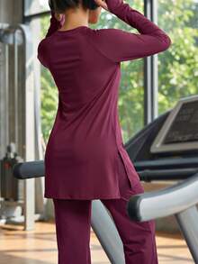 SHEIN With My Calm Women's Minimalist Fashion Long Sport Top With Matching Headscarf, Side Slit And Pocket Design - Burgundy - View 2