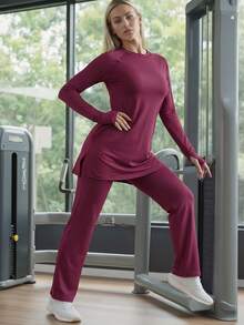 SHEIN With My Calm Women's Minimalist Fashion Long Sport Top With Matching Headscarf, Side Slit And Pocket Design - Burgundy - View 3