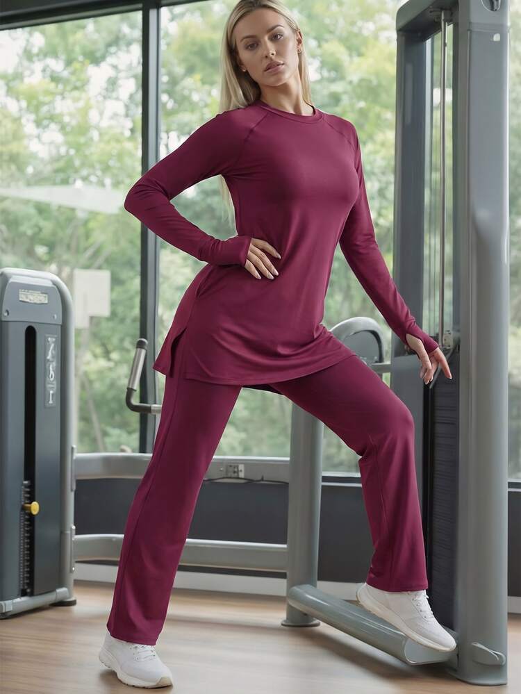 SHEIN With My Calm 女款極簡時尚長版運動上衣，附配套頭巾，側開衩與口袋設計 - 酒紅色 - 查看 3