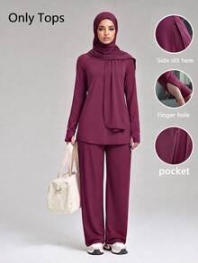 SHEIN With My Calm Women's Minimalist Fashion Long Sport Top With Matching Headscarf, Side Slit And Pocket Design - Burgundy - View 1