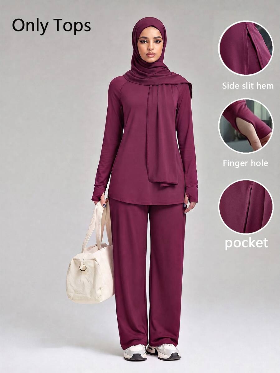 SHEIN With My Calm Women's Minimalist Fashion Long Sport Top With Matching Headscarf, Side Slit And Pocket Design - Burgundy - View 1