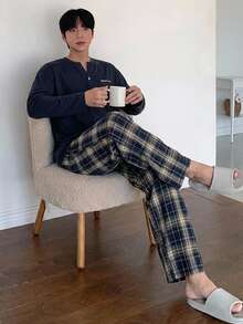 DAZY Summer Letter Print T-Shirt And Plaid Pants Men's Loungewear Set - Multicolor - View 3