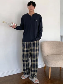 DAZY Summer Letter Print T-Shirt And Plaid Pants Men's Loungewear Set - Multicolor - View 6