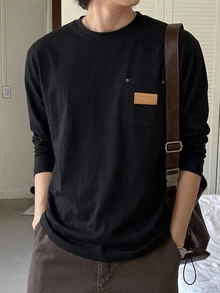 DAZY Men's Long Sleeve Knit Fabric T-Shirt With Chest Pocket And Patch Design, Crew Neck, Base Layer, Wearable As Outerwear, Spring/Autumn - Black - View 5
