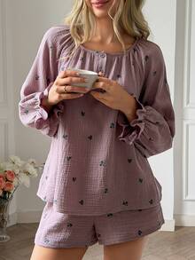 DAZY Women's Floral Print Pleated Long Sleeve Top And Shorts Casual Daily Home Sleepwear Set - Purple - View 4