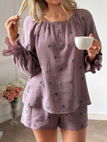 DAZY Women's Floral Print Pleated Long Sleeve Top And Shorts Casual Daily Home Sleepwear Set - Purple - View 7