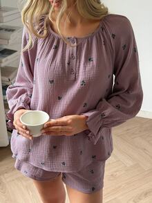 DAZY Women's Floral Print Pleated Long Sleeve Top And Shorts Casual Daily Home Sleepwear Set - Purple - View 10