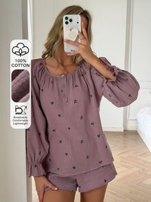 DAZY Women's Floral Print Pleated Long Sleeve Top And Shorts Casual Daily Home Sleepwear Set - Purple - View 6