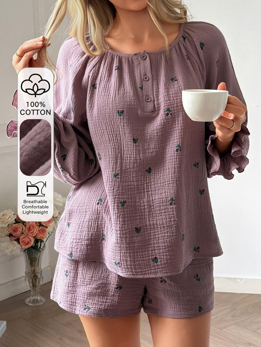 DAZY Women's Floral Print Pleated Long Sleeve Top And Shorts Casual Daily Home Sleepwear Set - Purple - View 1