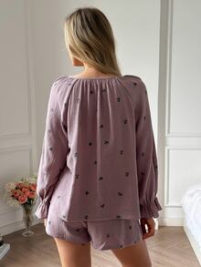 DAZY Women's Floral Print Pleated Long Sleeve Top And Shorts Casual Daily Home Sleepwear Set - Purple - View 2