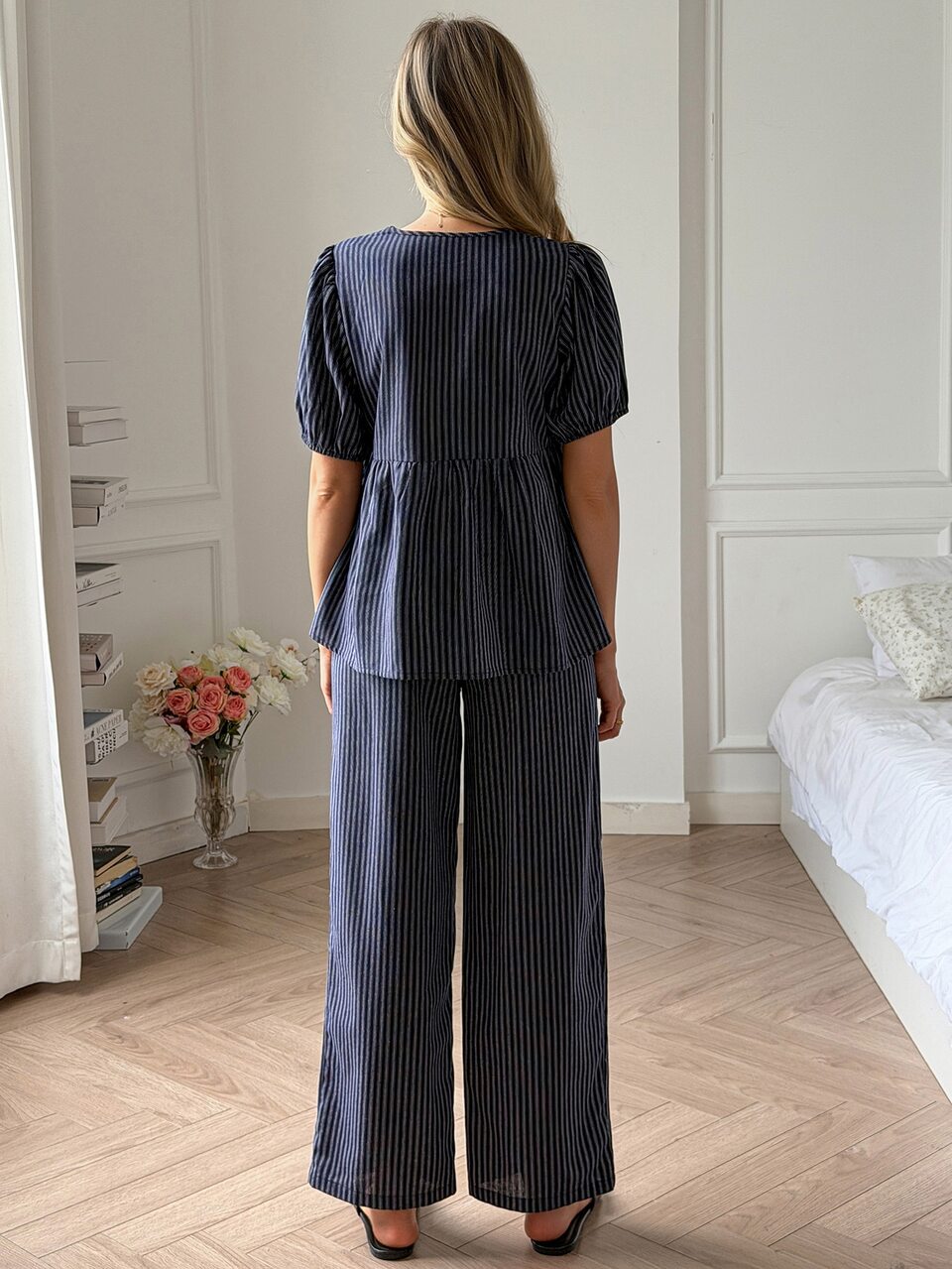 2pcs/Set Women's Plaid Short Sleeve Cardigan Top & Straight Leg Long Pajama Pants Sleepwear Set