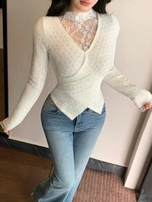 Joudiya Women's Lace Patchwork Slim Fit Versatile Daily Long Sleeve T-Shirt Autumn Dinner Date White Floral Romantic Casual - Beige - View 5