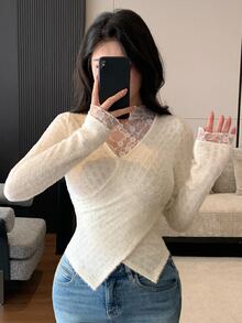 Joudiya Women's Lace Patchwork Slim Fit Versatile Daily Long Sleeve T-Shirt Autumn Dinner Date White Floral Romantic Casual - Beige - View 9
