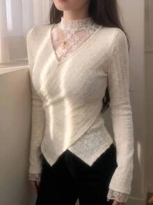 Joudiya Women's Lace Patchwork Slim Fit Versatile Daily Long Sleeve T-Shirt Autumn Dinner Date White Floral Romantic Casual - Beige - View 10