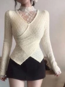 Joudiya Women's Lace Patchwork Slim Fit Versatile Daily Long Sleeve T-Shirt Autumn Dinner Date White Floral Romantic Casual - Beige - View 1