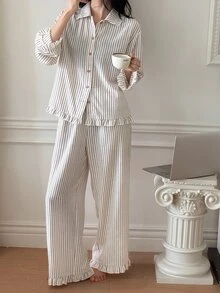 DAZY 可爱条纹荷叶边女士睡衣套装 秋冬服装 - 駝色 - 查看 5