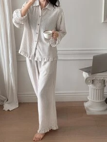 DAZY 可爱条纹荷叶边女士睡衣套装 秋冬服装 - 駝色 - 查看 6