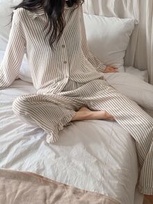 DAZY 可爱条纹荷叶边女士睡衣套装 秋冬服装 - 駝色 - 查看 3