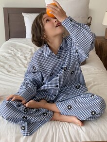 Dazy Kids Tween Girl Plaid Lapel Loose Casual Shirt Top + Straight Leg Pants 2 Pieces Set Loungewear Fall - Blue - View 4