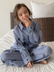Dazy Kids Tween Girl Plaid Lapel Loose Casual Shirt Top + Straight Leg Pants 2 Pieces Set Loungewear Fall - Blue - View 9