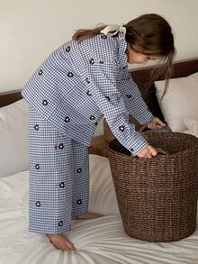 Dazy Kids Tween Girl Plaid Lapel Loose Casual Shirt Top + Straight Leg Pants 2 Pieces Set Loungewear Fall - Blue - View 1