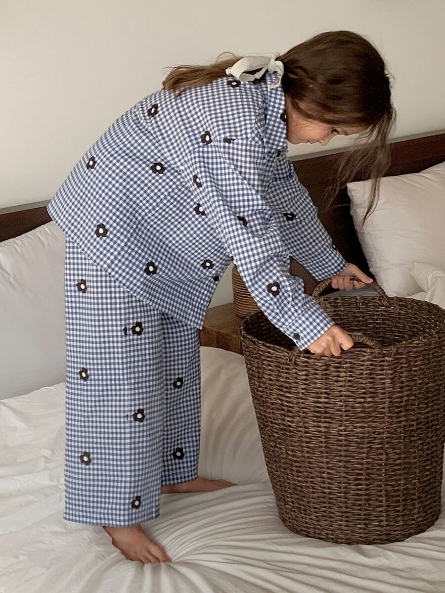 Dazy Kids Tween Girl Plaid Lapel Loose Casual Shirt Top + Straight Leg Pants 2 Pieces Set Loungewear Fall - Blue - View 1