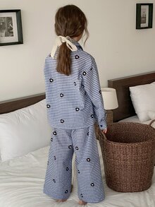 Dazy Kids Tween Girl Plaid Lapel Loose Casual Shirt Top + Straight Leg Pants 2 Pieces Set Loungewear Fall - Blue - View 2