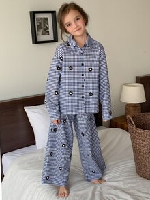 Dazy Kids Tween Girl Plaid Lapel Loose Casual Shirt Top + Straight Leg Pants 2 Pieces Set Loungewear Fall - Blue - View 3