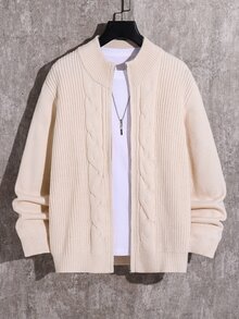 SHEIN 兒童青少年男孩休閒韓系學院風針織開襟開衫毛衣，百搭開襟針織開衫，適合學校、日常休閒、校園出遊、運動，秋冬穿著 - 杏色 - 查看 6