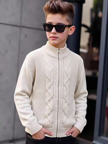 SHEIN 兒童青少年男孩休閒韓系學院風針織開襟開衫毛衣，百搭開襟針織開衫，適合學校、日常休閒、校園出遊、運動，秋冬穿著 - 杏色 - 查看 5