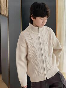 SHEIN 兒童青少年男孩休閒韓系學院風針織開襟開衫毛衣，百搭開襟針織開衫，適合學校、日常休閒、校園出遊、運動，秋冬穿著 - 杏色 - 查看 8