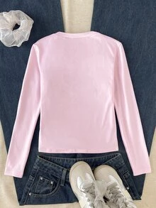 SHEIN 兒童青少年女孩秋冬休閒優雅粉色印花領長袖襯衫，適合上學、校園與日常穿著 - 粉色 - 查看 2