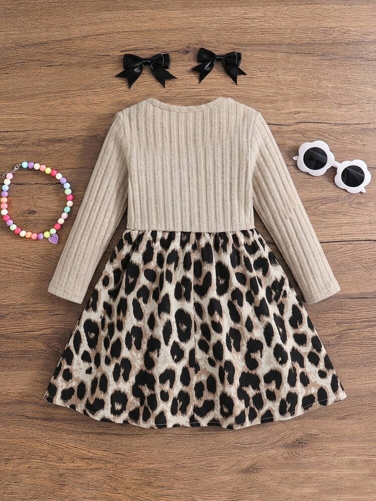 Emery Rose Kids Emery Rose Kids Young Girl Young Girl Young Girl Young Girl Girls' Round Neck Patchwork Leopard Print Dress - Multicolor - View 6