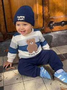 LMoss Kids 男嬰兒童卡通熊圖案條紋針織軟綿圓領長袖套頭衛衣與鬆緊腰長褲2件套，適合秋冬 - 彩色 - 查看 1